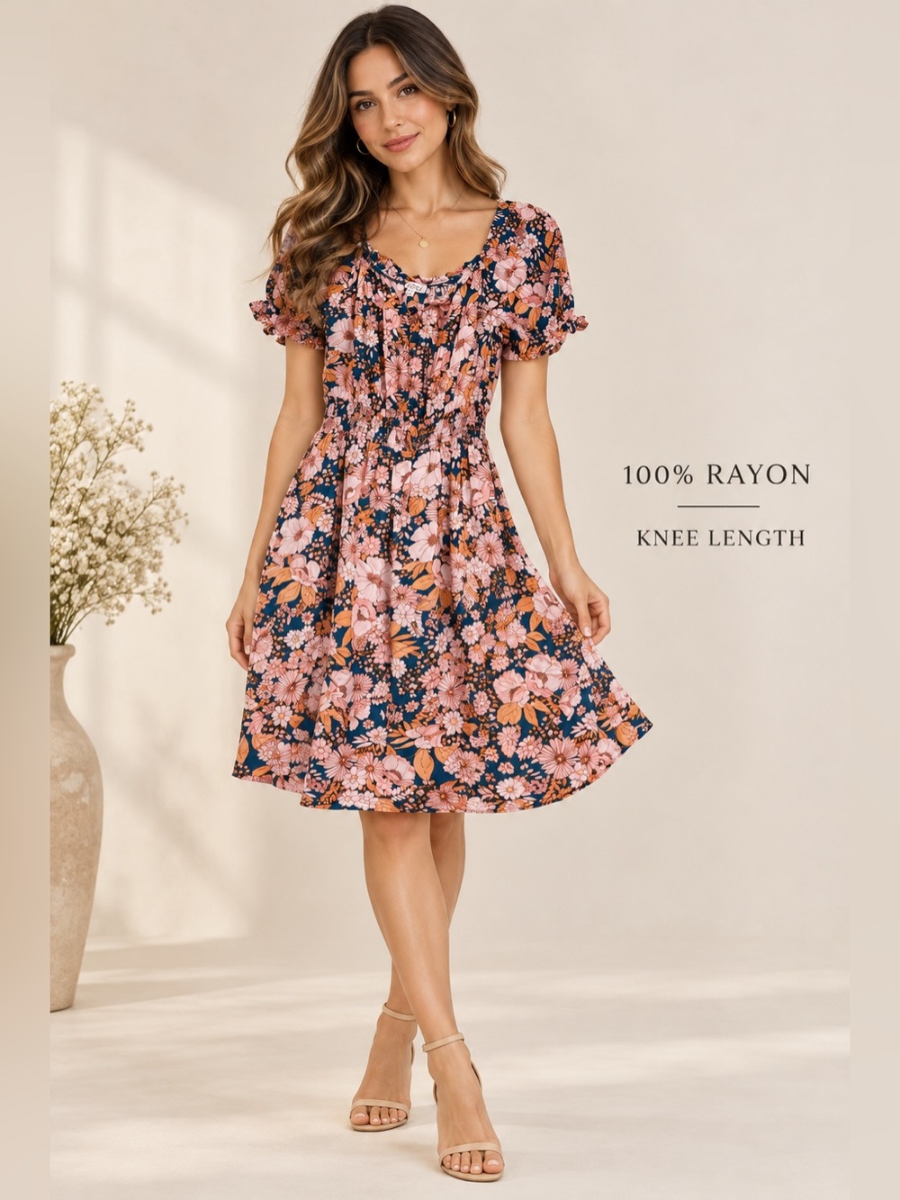Luxology Floral Knee Length Dress Size M 100% Rayon